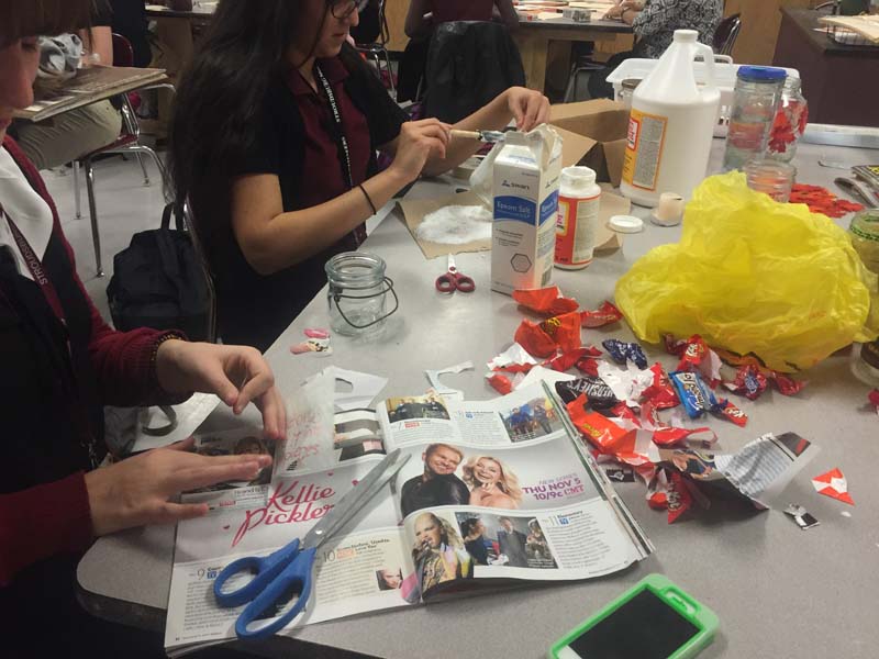 Art Club and Environmental Club work together to create upcycled crafts