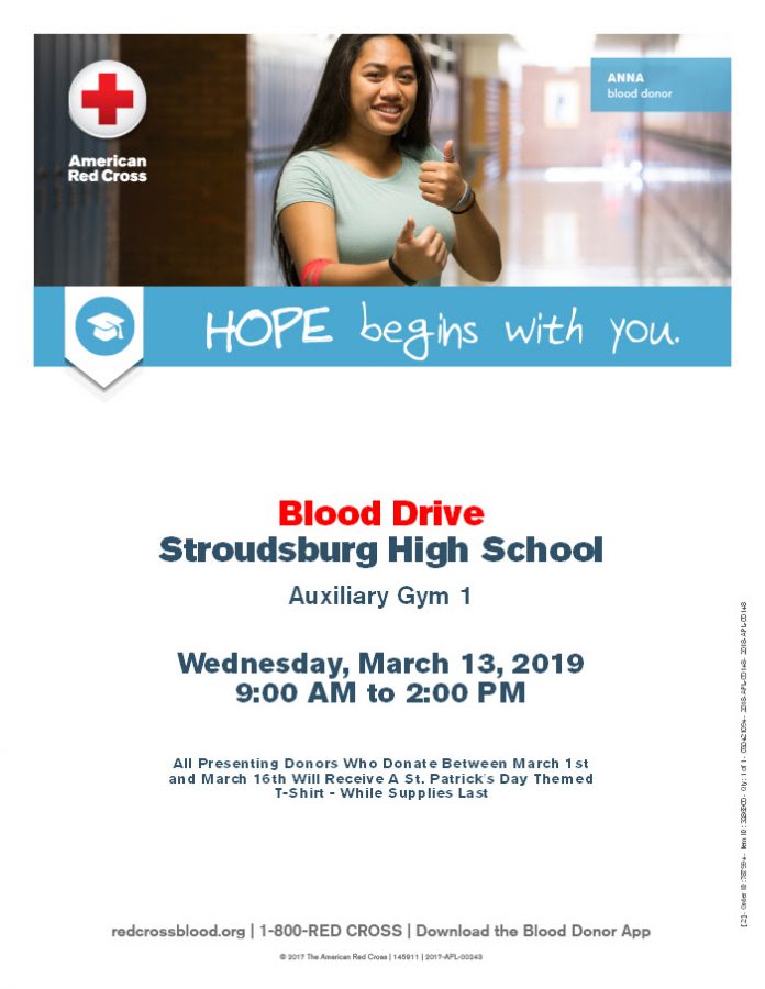 Blood Drive in Stroudsburg High School: 3/13/18 (9 a.m.- 2 p.m.)