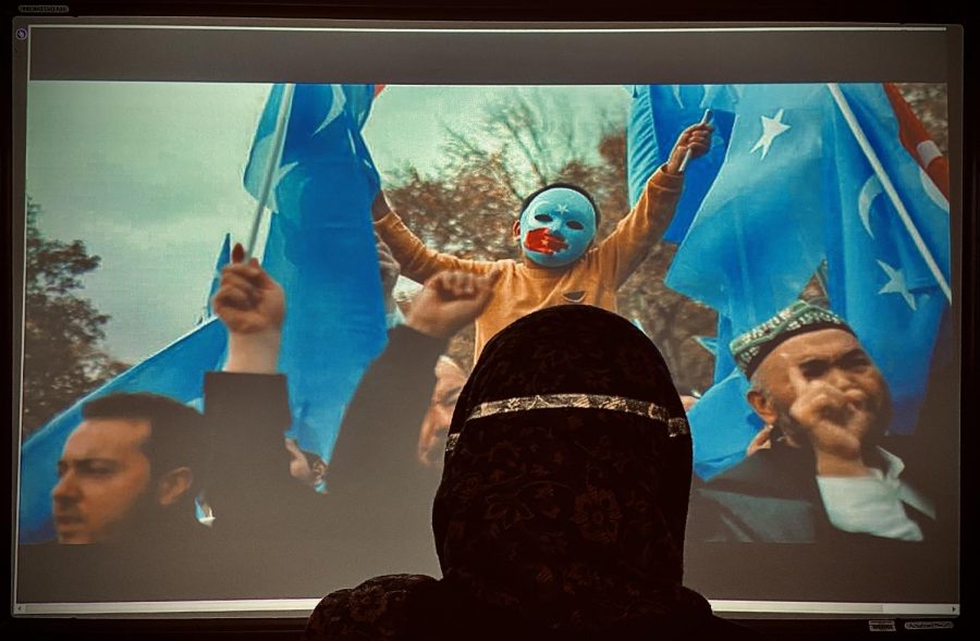 Junior Yasmine Alrefai looks up at a recent headline featuring protests against the Chinese imprisonment of Uigher Muslims.