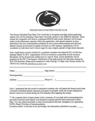 Pocono Mountain Penn State Club scholarship (Due: 03-18-21)