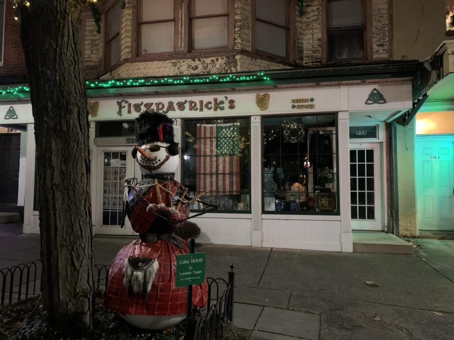 Snowman Celtic HOOD by Lorraine Fagan.  Located outside of Fitzpatricks on Main Street.