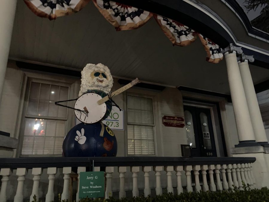 Snowman Jerry G by Steve Windhorn outside of radio station on Main Street.