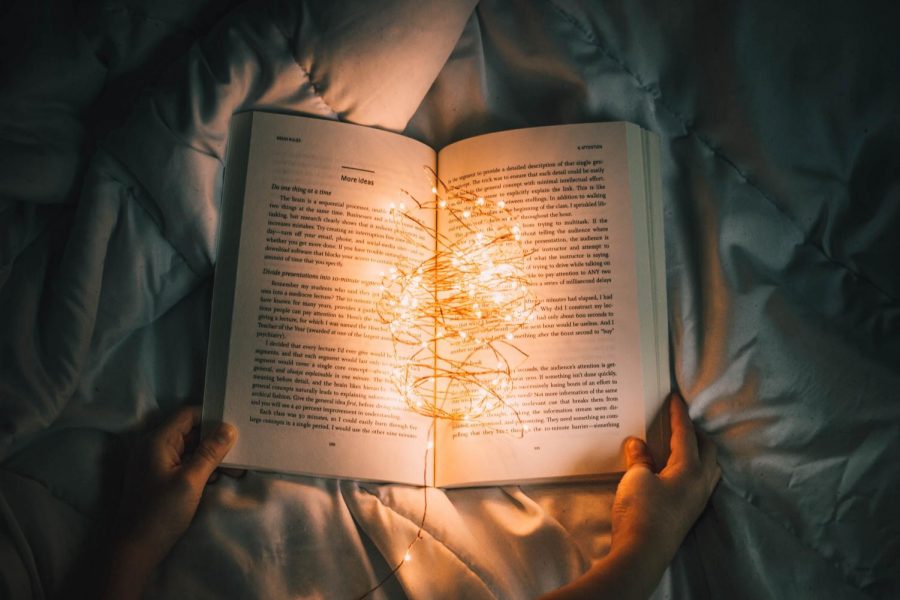 An image of a book illuminated by a string of fairy lights.