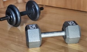 Dumbbells are placed on the ground, ready to be used during a workout.