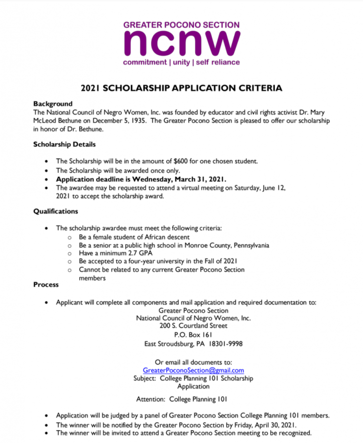 Greater Pocono Section NCNW Scholarship (Due: 03-31-21)