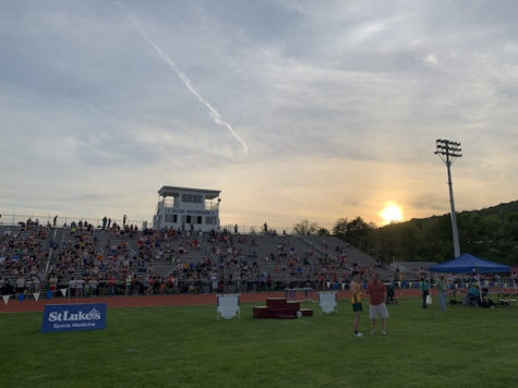 The sun sets over Blue Mountain High School as the championship meet continues.
