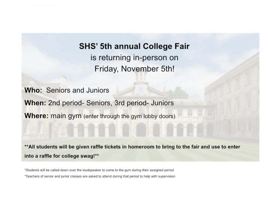 SHS will be holding the 5th Annual College Fair for Juniors and Seniors on November 5th!