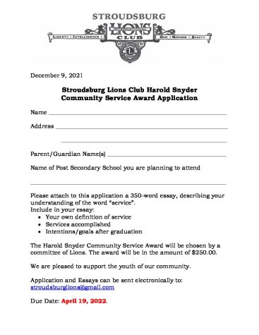 Lions Club Harold Snyder Community Service Award