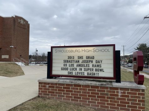 Stroudsburg High Schools marquee along West Main Street highlights both Sebastian Joseph-Day and the Super Bowl.