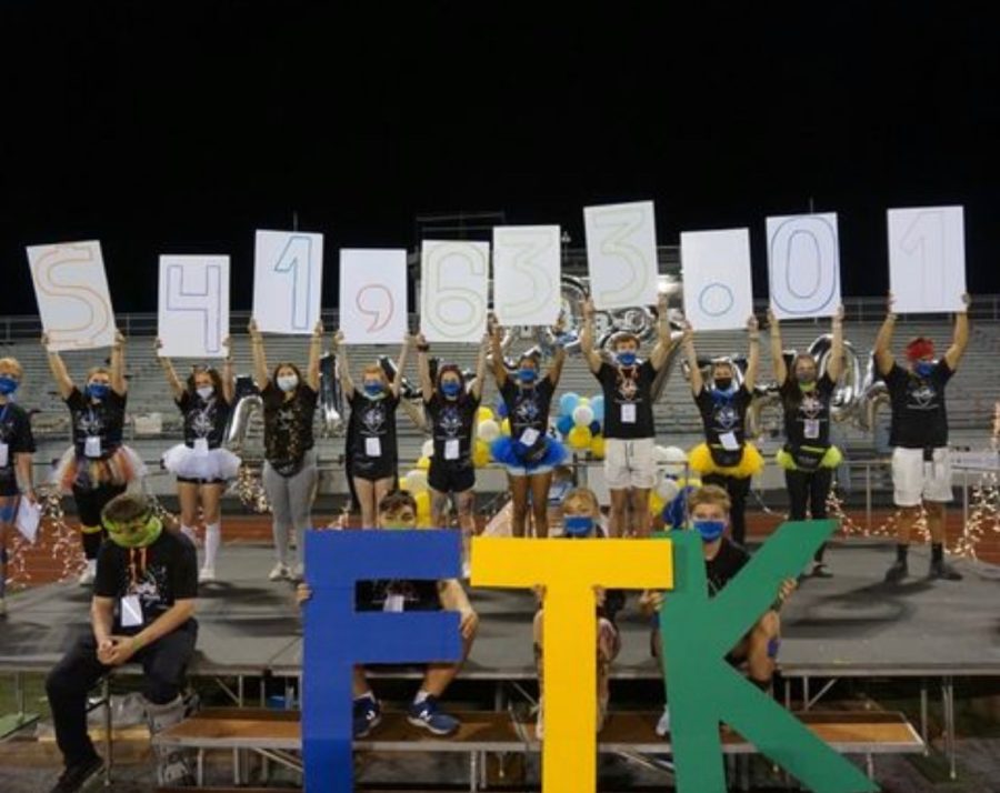 The+SHS+Mini-THON+executive+council+holding+up+the+total+number+of+funds+raised+at+2021s+Mini-THON.+Photos+taken+by+Madison+Leeth.