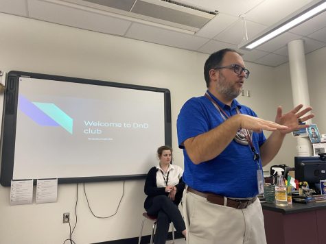 Advisor Mr. Anthony Lanfrank introducing the rules of Dungeons and Dragons at the first meeting.