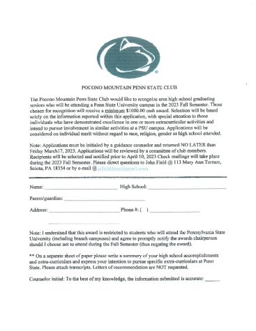 Pocono Mountain PSU club Scholarship