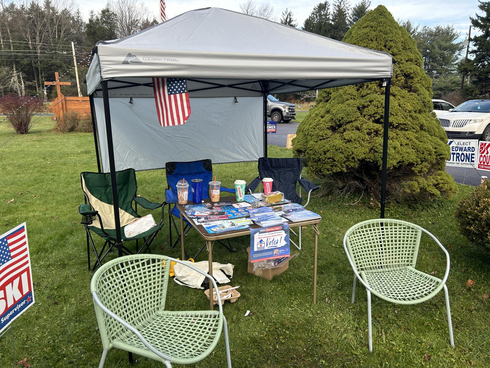 Poll greeting table set up at a Blakeslee polling site.