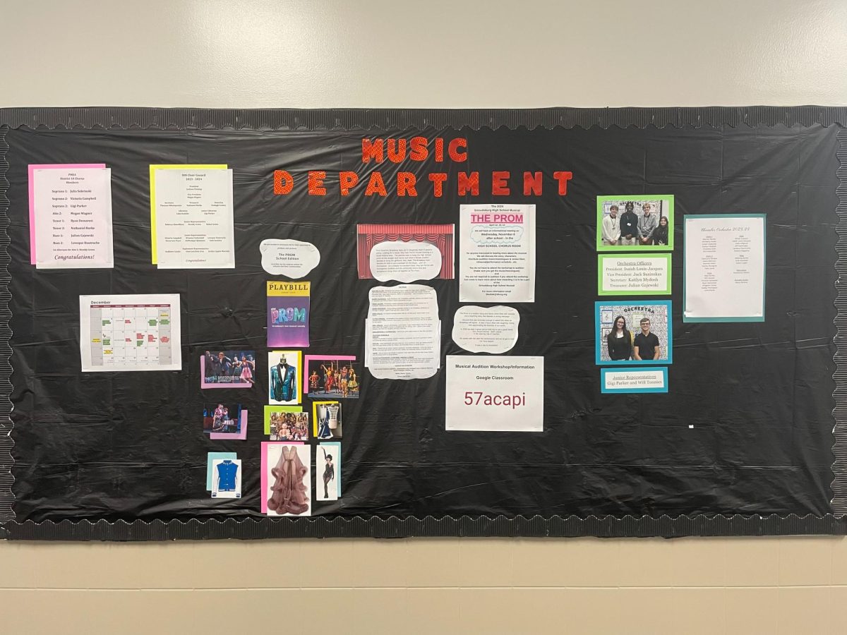 The Music Department announcement board outside of the music rooms. 