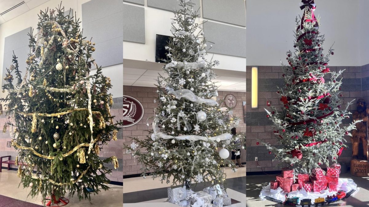 Real trees were used in the WARnament tree decorating contest between the classes. 
Left, Class of 2024 tree; middle, Class of 2025; right, Class of 2026.