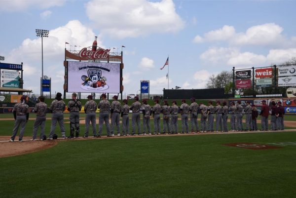 Stroudsburg varsity baseball team during National Anthem before game at Lehigh Valley Iron Pigs stadium, Coca-Cola Park. Used with permission from Stroudsburg Baseball Facebook.