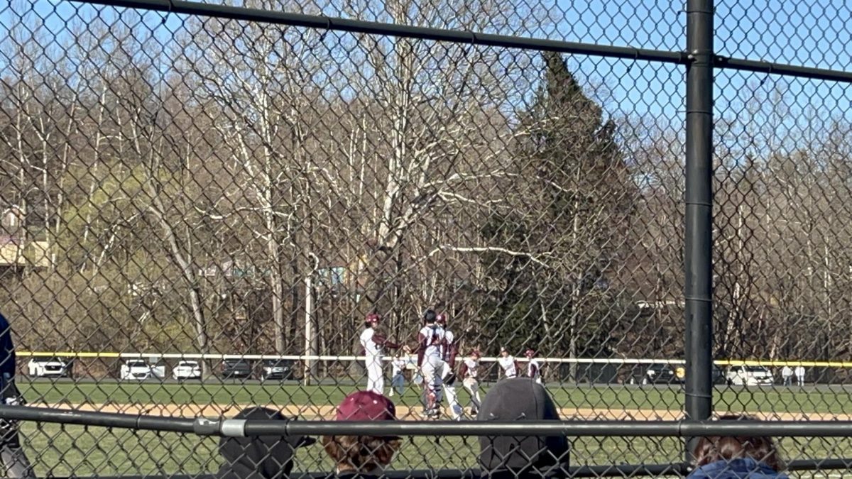Paulie Maccarrone and Thomas Gonzalez talking on the mound during Stroudsburgs win vs East Stroudsburg South on March 21, 2024.