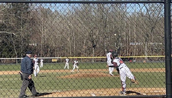 Stroudsburg C Thomas Gonzalez throwing down to second base after P Anthony Knight finishes his warmup pitches before the top of the 1st inning vs Easton Area High School on March 25th, 2024.