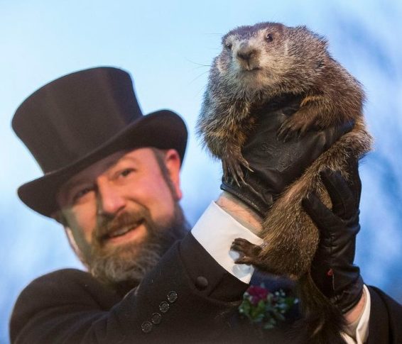 Punxsutawney Phil and the Grand Master of Ceremony at the Ground Hog Day celebration. Phil has been predicting longer than any others. 
Photo used with permission granted by Punxsutawney Phil's Facebook page.

