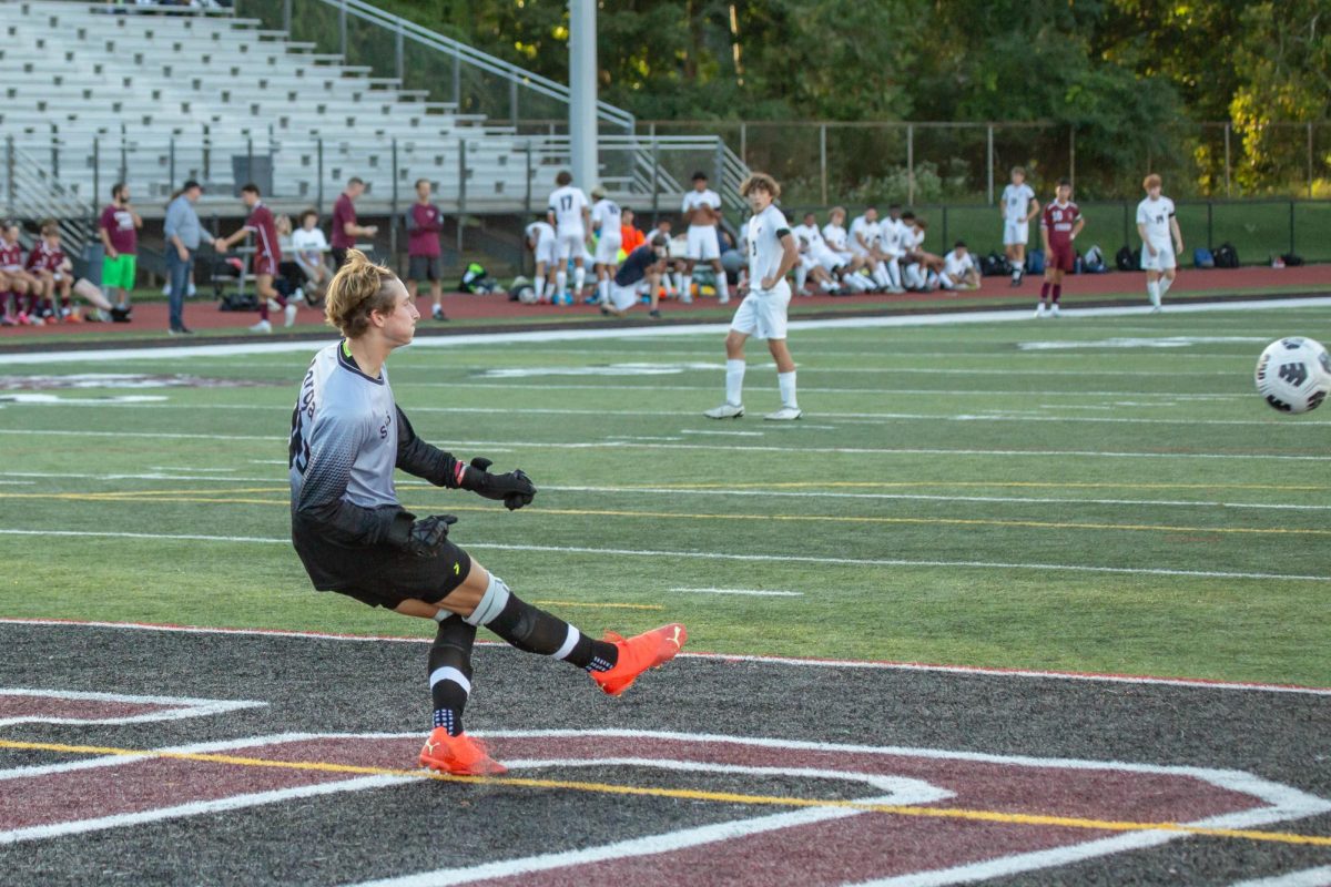 Goalie Olive Marga kicking the ball during 2023 Stroudsburg soccer game 