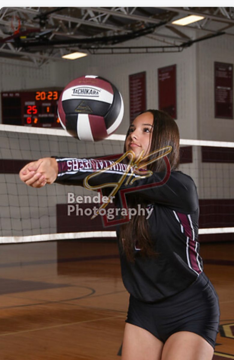 Isabella DeFalco hitting a volleyball up in the air.