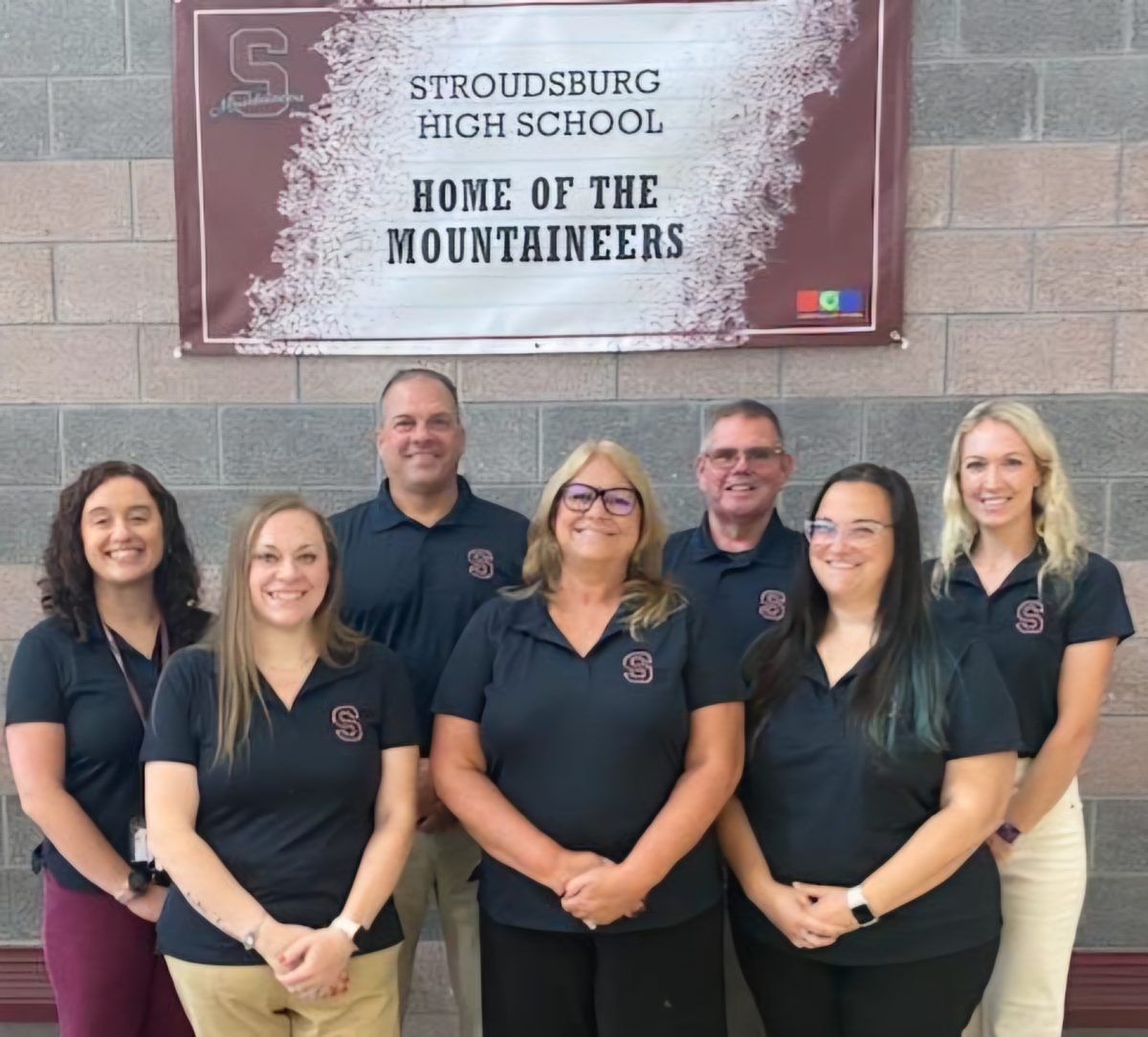 SHS Main office staff picture: left to right. 
Assistant Principal, Christine Gangaware, Jessica Smith, Dawn Maletz, Nicole Litts, and Jena Gmelch. 
Back row: Mr. Sodl and Mr. Burke. 
Photo submitted by Christine Gangaware. 