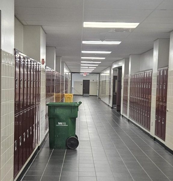 When you see garbage bins in the hallway you know its the end of the year and locker clean-out time. 
Photo by J. Appolo