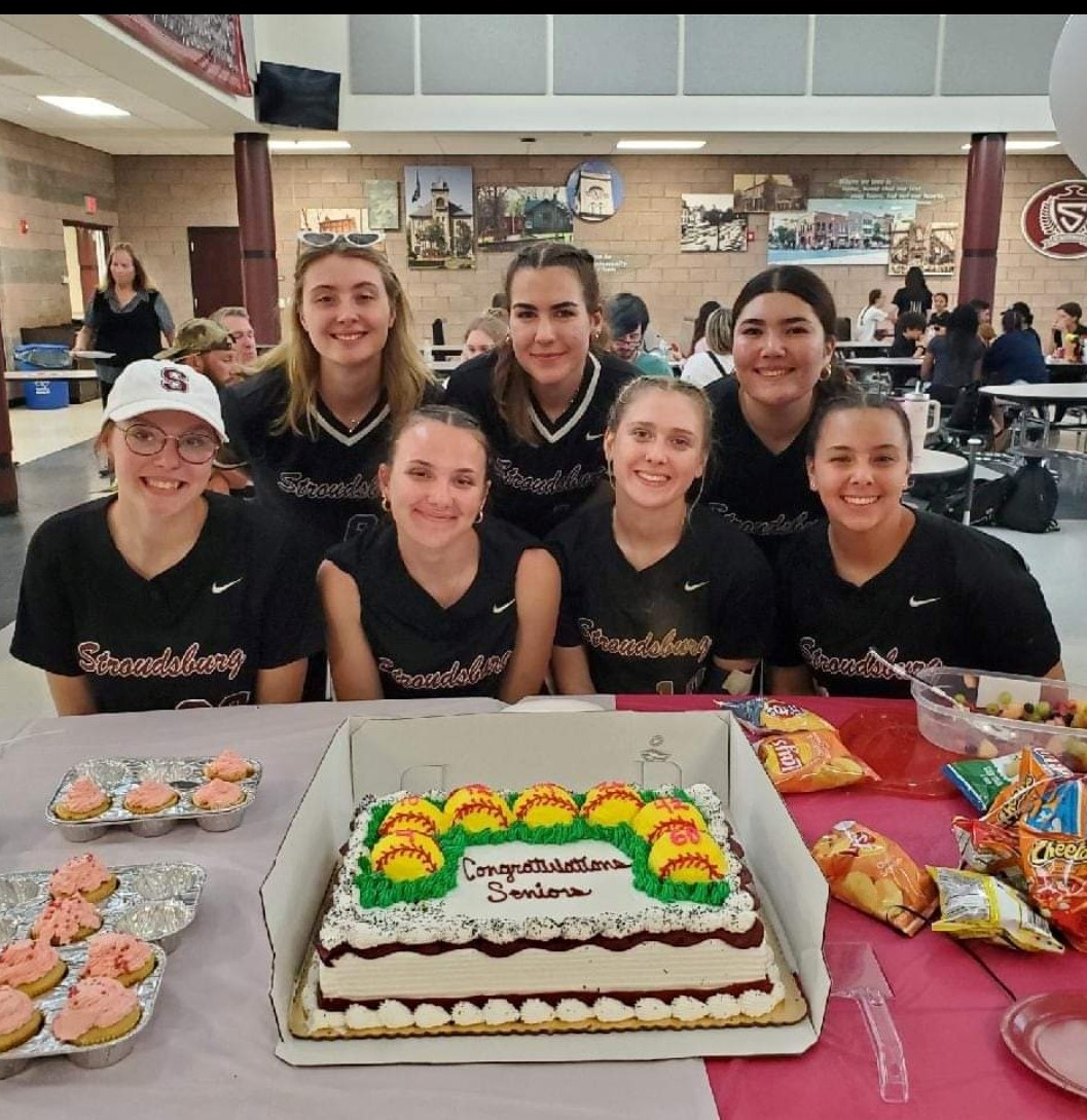 Hannah Helm, far right, second row, celebrates senior night with her teammates.  Photo courtesy of Stroudsburg High School Softball Facebook page. 