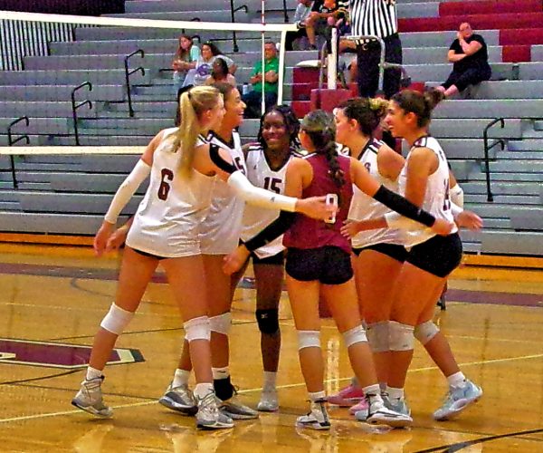 Stroudsburg Volleyball team huddles up during game in September 2024.