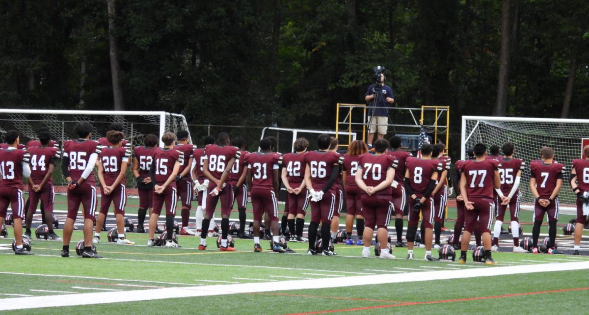 The Stroudsburg football team stands unified facing the American flag during the National Anthem prior to game vs Wilkes-Barre on August 30, 2024.
Photo taken by Amir Lovell.