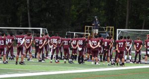 The Stroudsburg football team stands unified facing the American flag during the National Anthem prior to game vs Wilkes-Barre on August 30, 2024.
Photo taken by Amir Lovell.