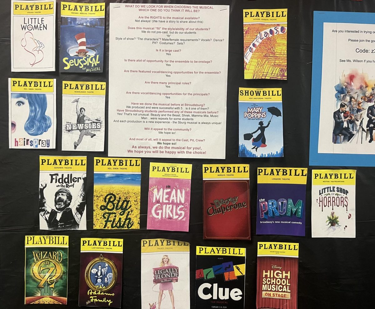 The list of possible musicals for 2025 displayed outside the chorus room.