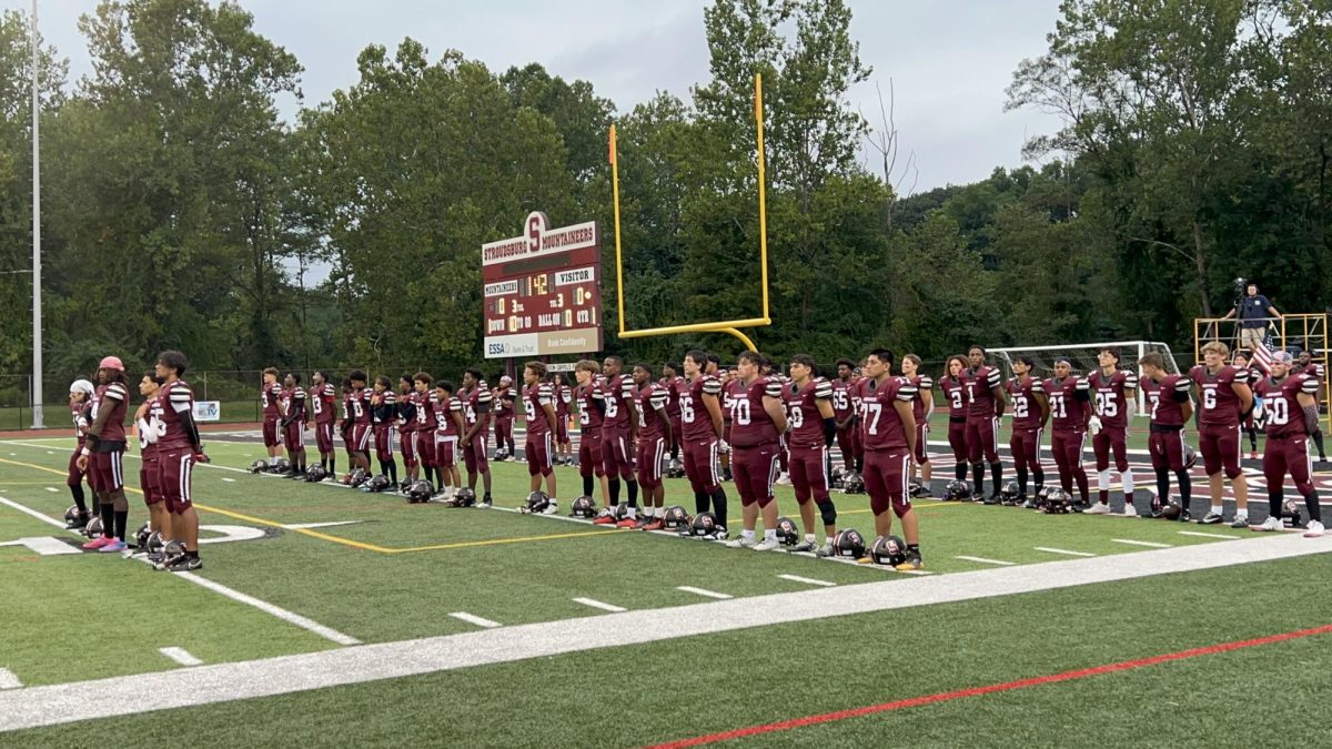 Stroudsburg Football standing for school alma mater prior to games vs Wilkes-Barre on Friday, August 30, 2024