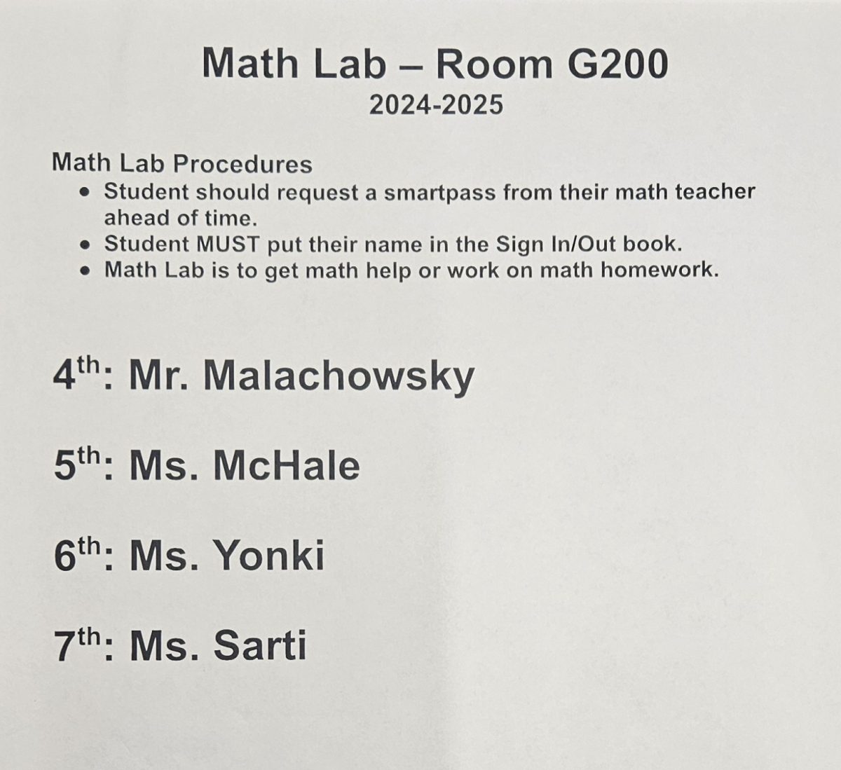 Math lab hours for 2024-2025, students can get help as needed. 