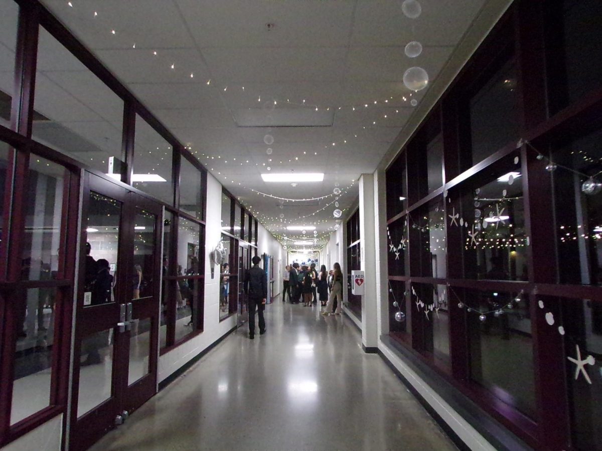 The 2024 homecoming dance committee decorated the cafeteria hallway with fairy lights.