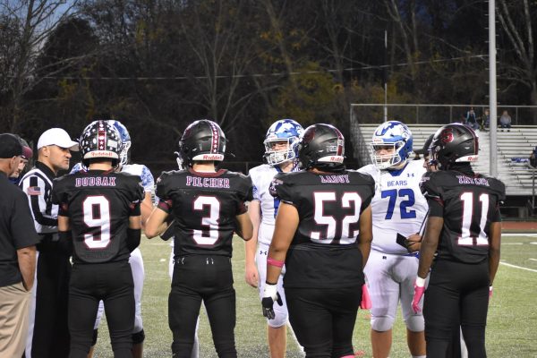 Picture of Stroudsburg Football captains during the coin toss on October 25, 2024.