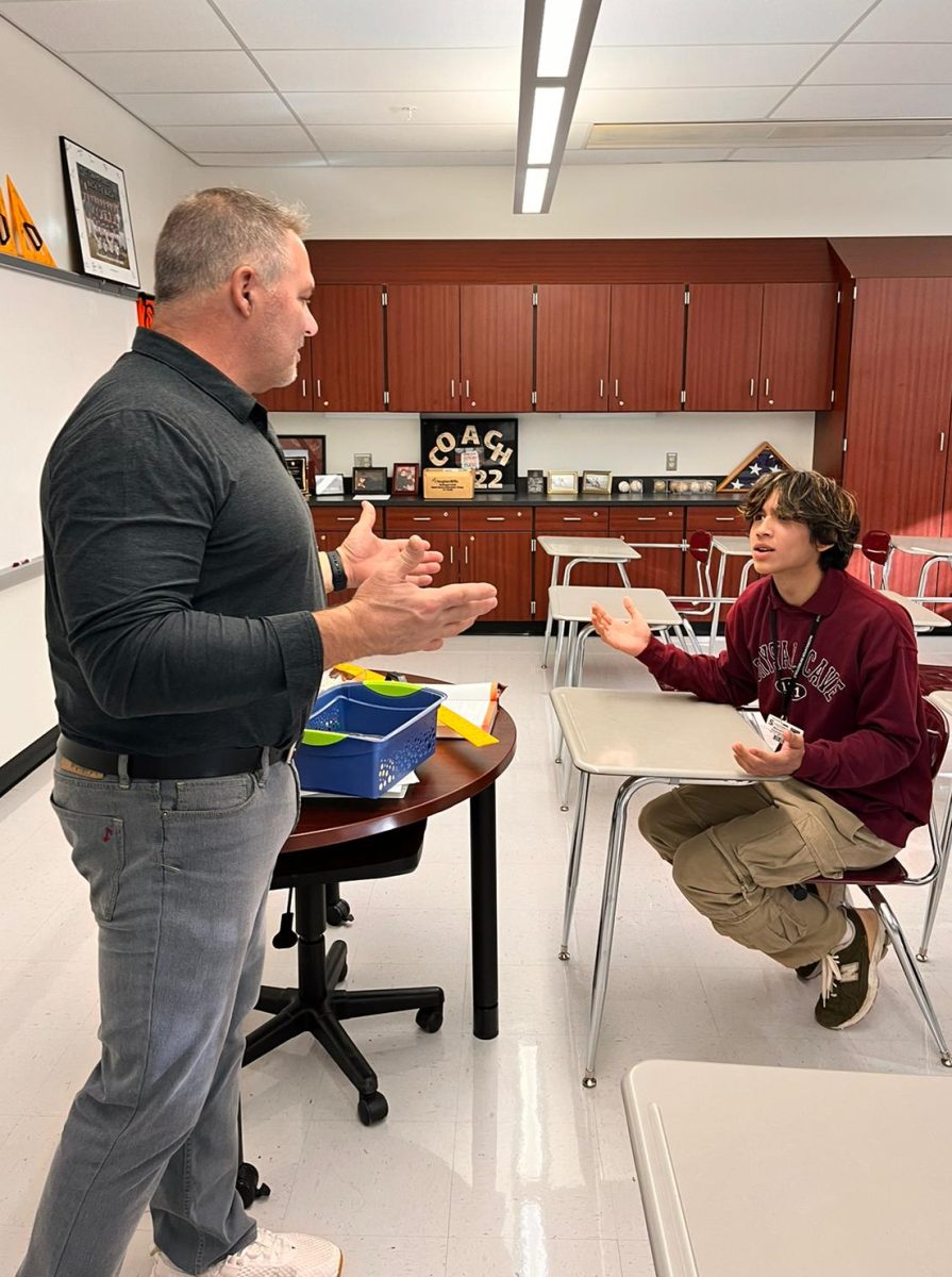 Memphis Rodriguez, '27, arguing with his  teacher, Mr. Stokes, in Geometry class.