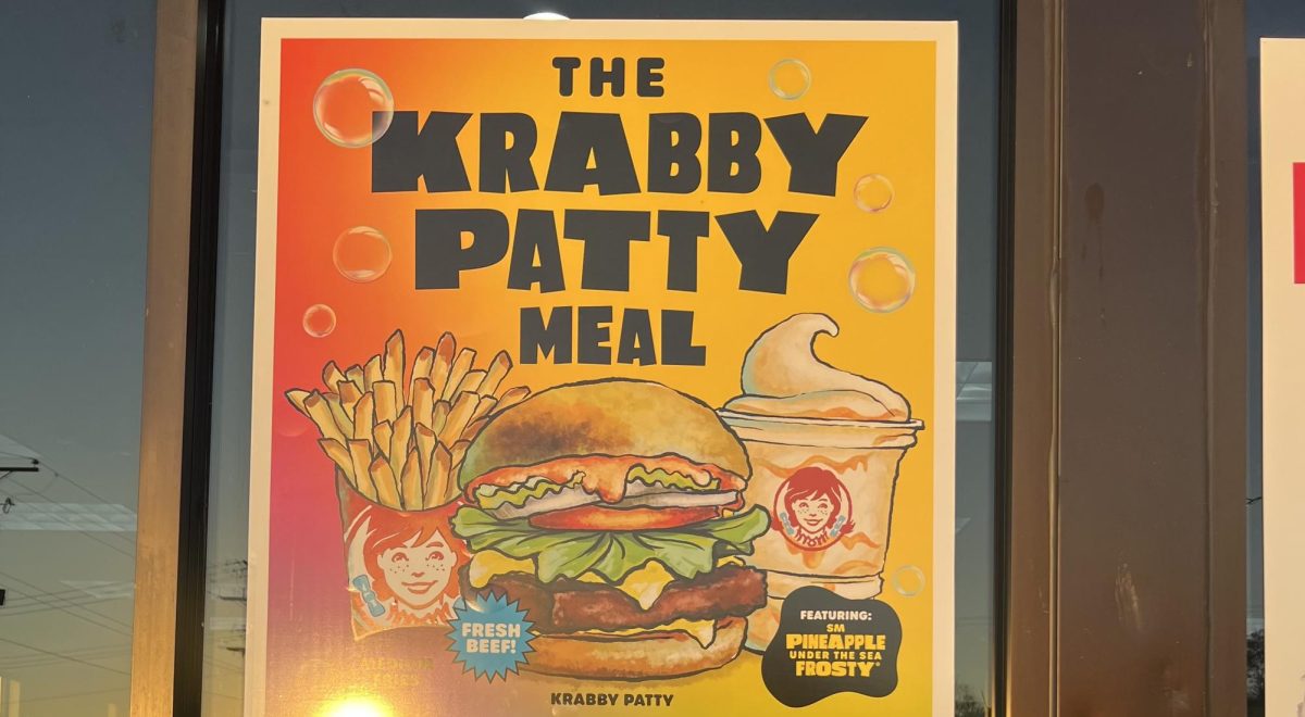 Picture of the promotional poster of The Krabby Patty Meal taken during the sunset. 