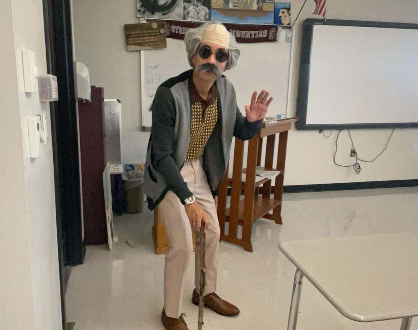 Jayson Mendez, '25, dressed as an old man during the "Dress Your Age" spirit week day.