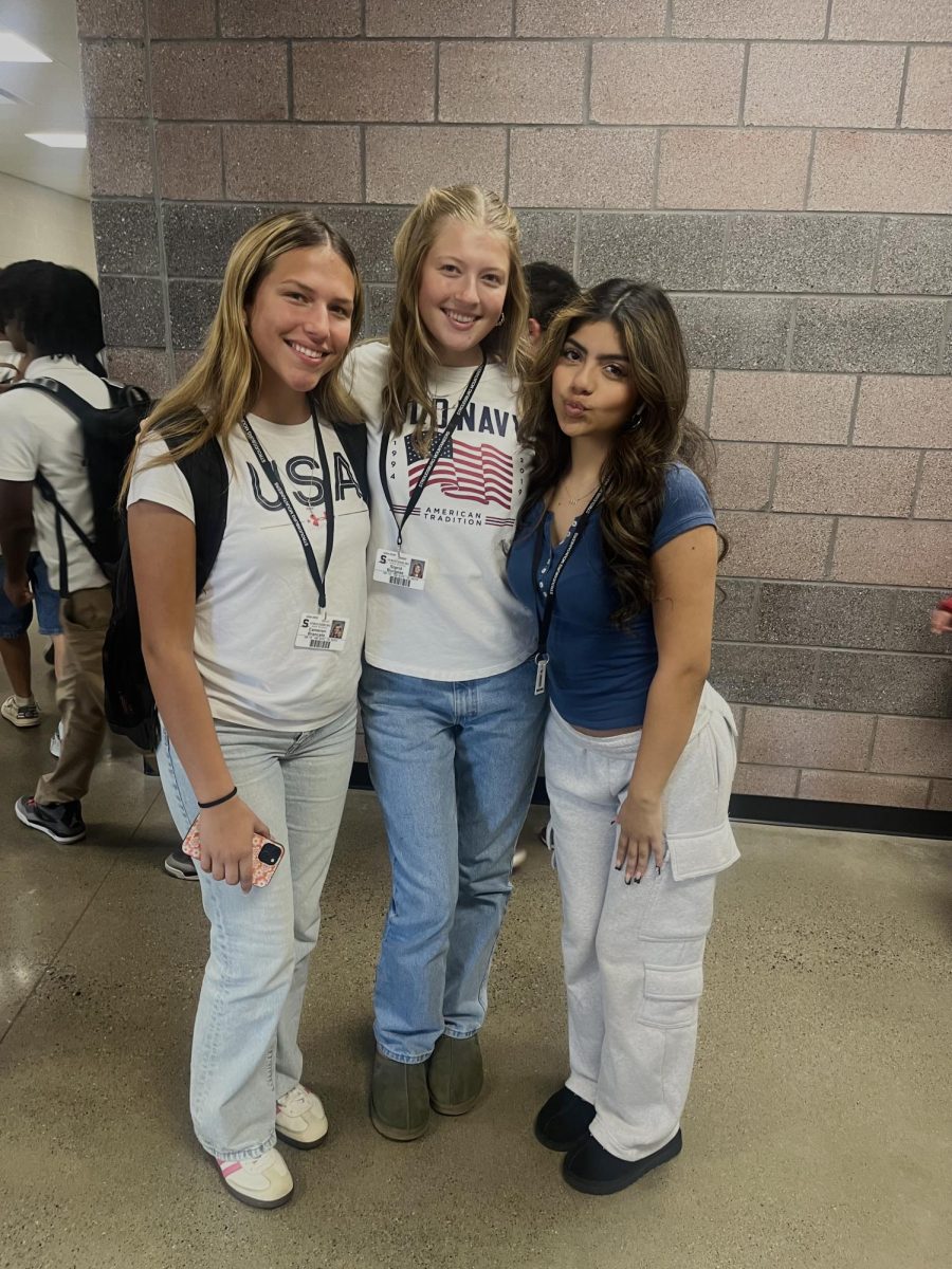 Cammie Brancato '25, Sigrid Burgess '25, Alex, '25,  dressed up for 'Merica Monday.