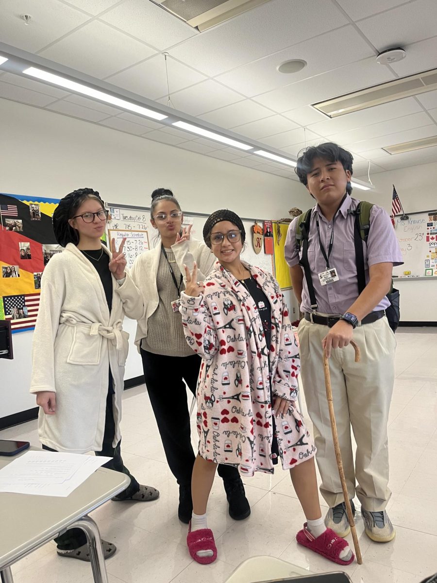 Natalie Rodriguez '25, Cassandra '25, Kamila Galarza '25, dressed as Senior Citizens