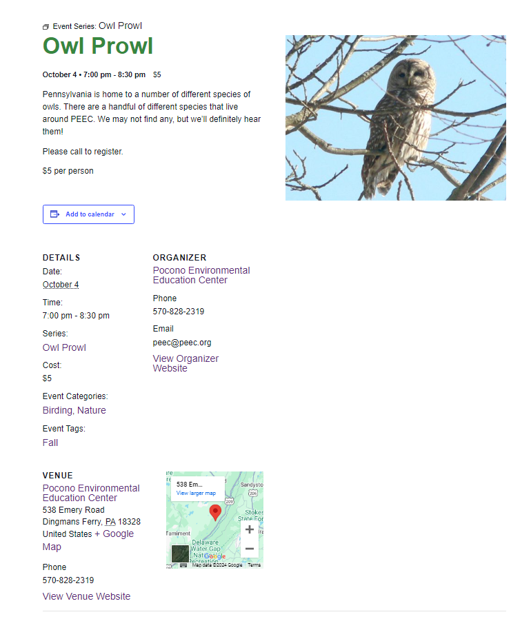 The PEEC is hosting an Owl Prowl for the community. Shared by www.peec.org. 