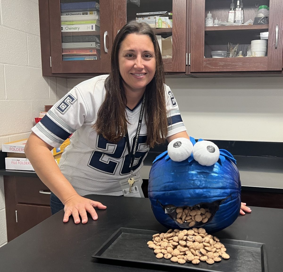 Mrs. Hakim made a Cookie Monster inspired pumpkin for the Pumpkin Palooza Contest.  Hakim teaches chemistry at the high school and is a regular participant in the faculty holiday show.  