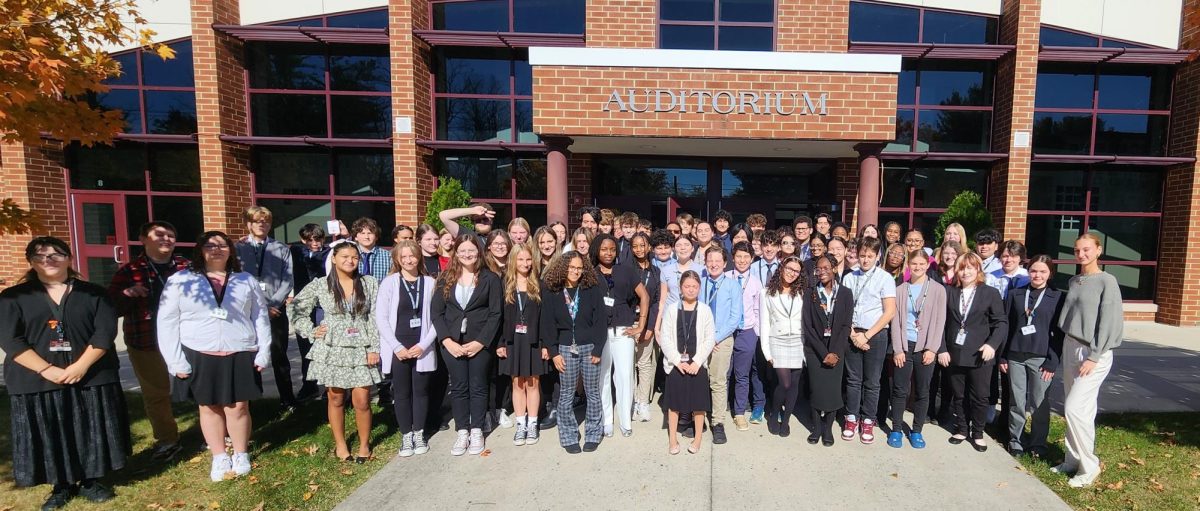 Members of the Stroudsburg Model Congress club and participants of SMC 2024 line in front of the auditorium for a picture. From Mr. Haggerty.