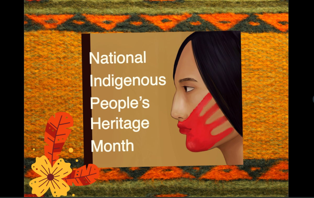 A digital drawing depicting an Indigenous woman with a red hand print over her mouth. The red hand print is used in solidarity  solidarity with Missing and Murdered Indigenous Women and girls in North America.  