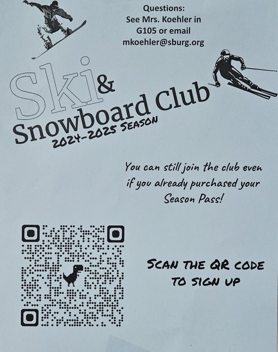 The Ski and Snowboard Club wants you! Adviser, Ms. Koehler is in classroom G105 or you can email her at mkoehler@sburg.org. Photo shared by the Ski Club. 