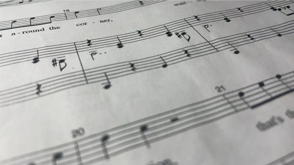 A close up of music  notes from "The Adams Family" musical. 