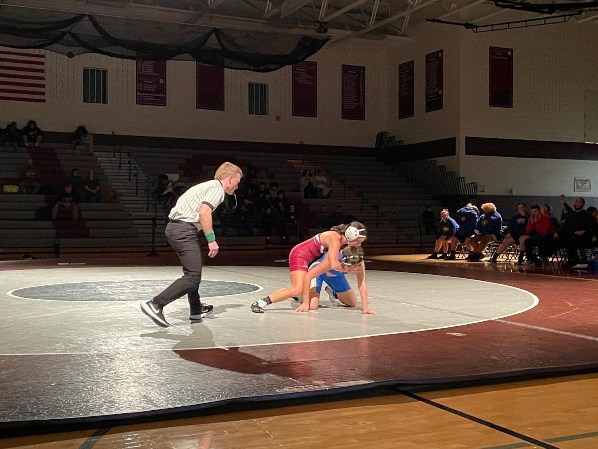 Janel Meyers, '25, trying to pin her opponent from William Allen High School.