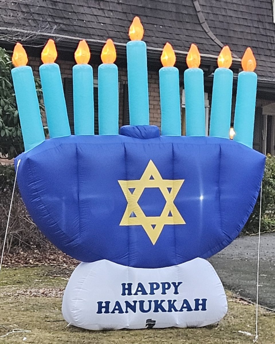 Hanukkah is celebrated by displaying a menorah. This blow up yard ornament is the latest among festive decorations.