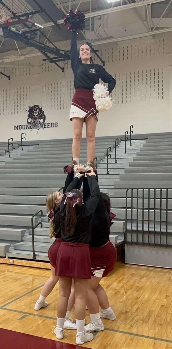 Cheerleader, Ava A, flying for the first time at a basketball game as a base. 